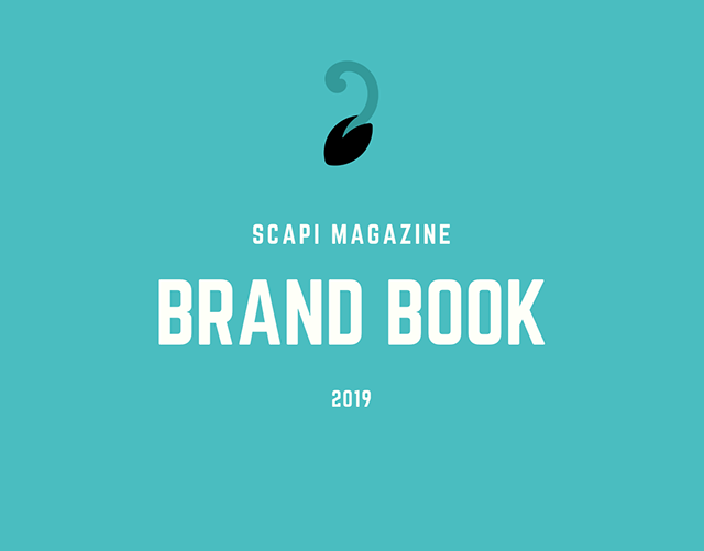 Turquoise cover of the Scapi Magazine brand book.